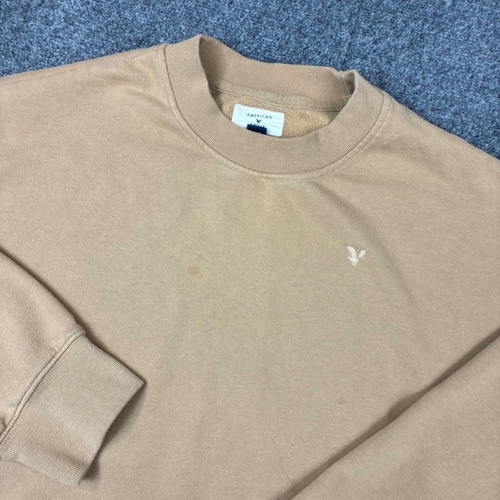 American Eagle Mens Size Medium Tan Fleece Crewneck Sweatshirt Embroidered Logo